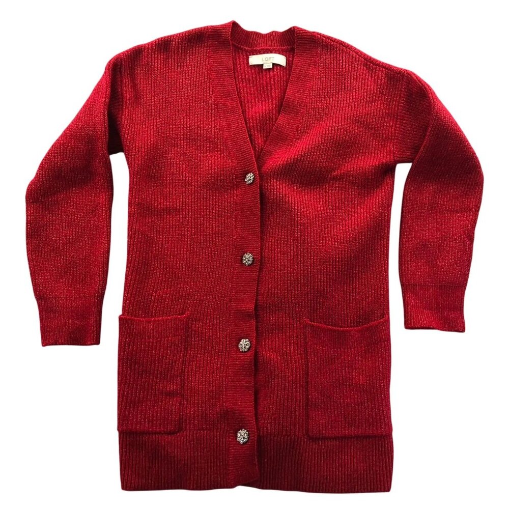 Loft Womens Cardigan Sweater Medium Red Button-Up Knitwear V-Neck Holiday Cozy